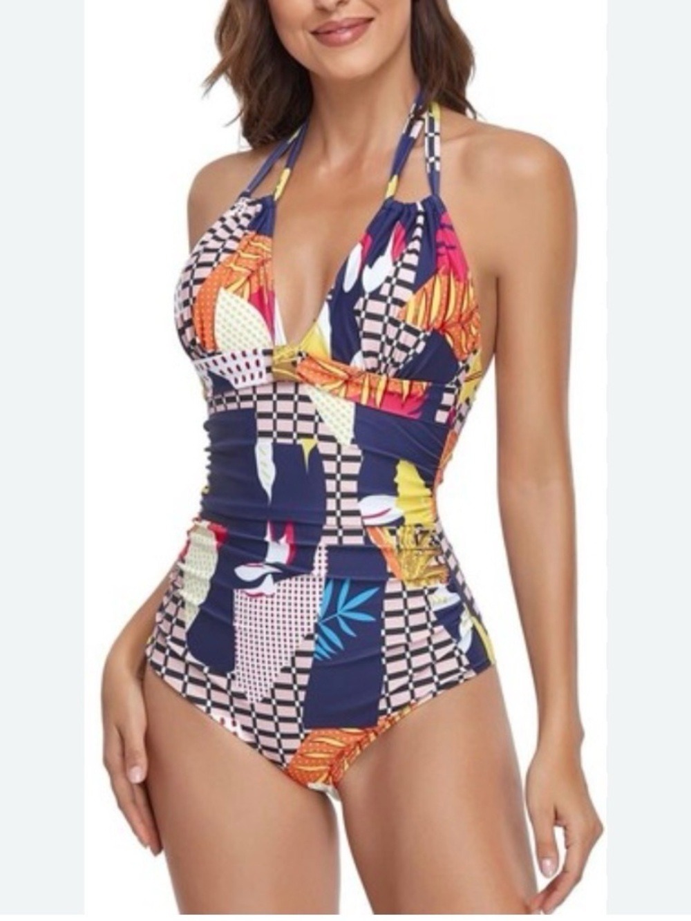 Smismivo Tummy Control Retro Tropical Leaf Halter One-Piece Swimsuit